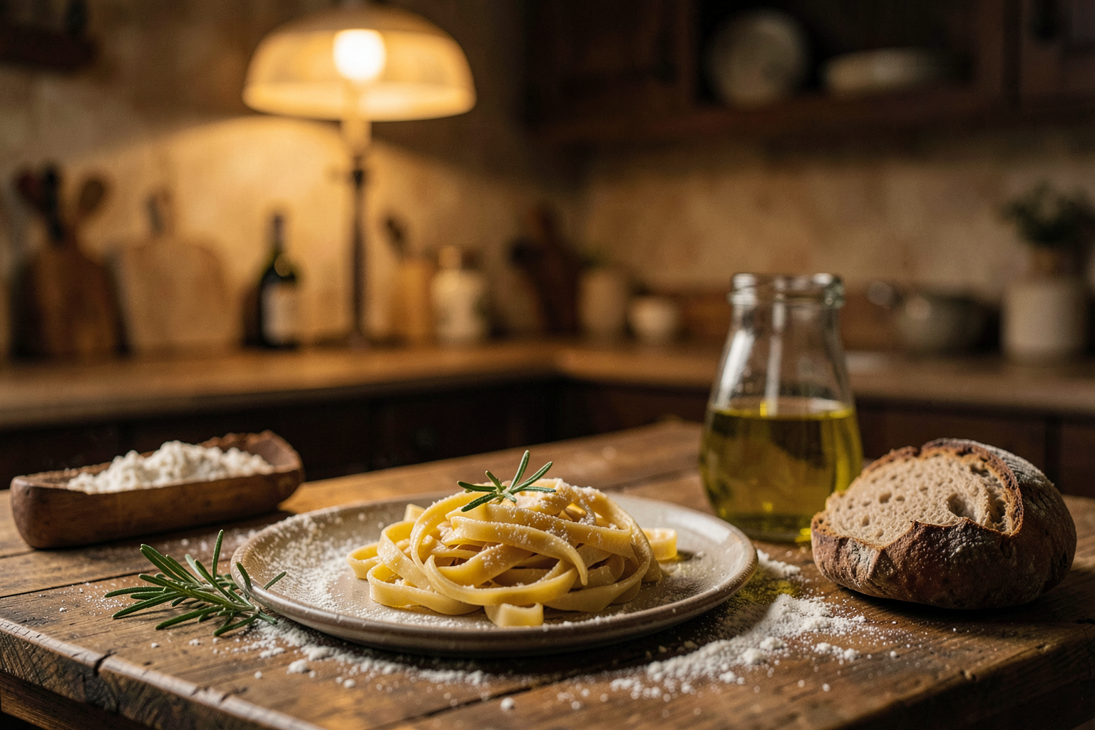 Tavolo di cucina toscana con pasta fatta a mano, olio d'oliva e rosmarino
