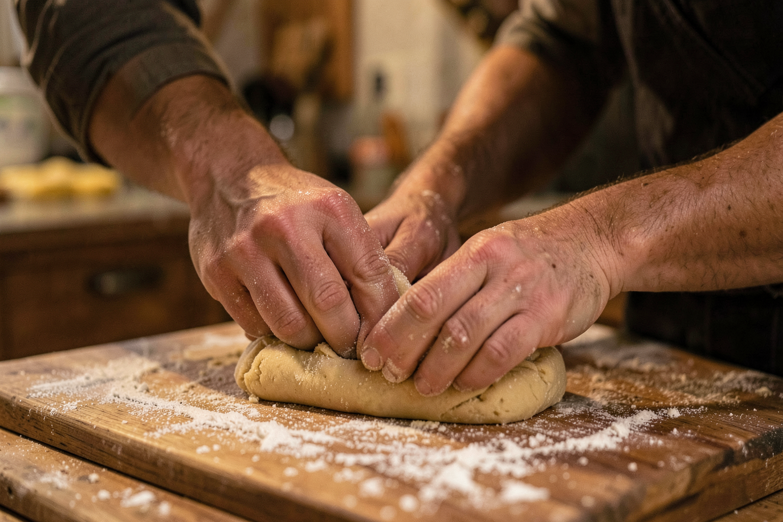 Mani che impastano la pasta fresca su un tagliere infarinato